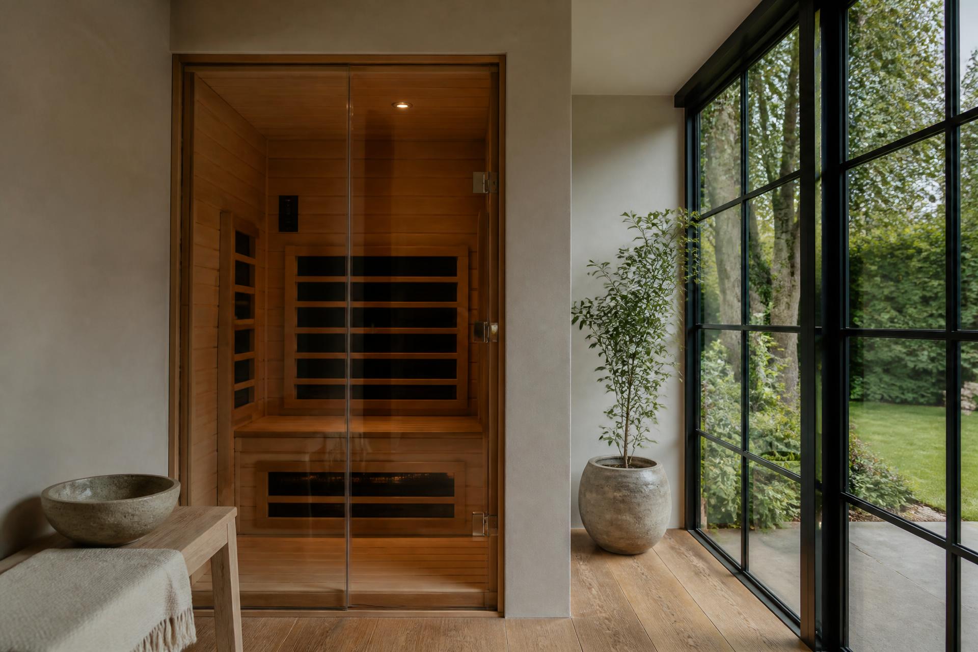 A compact infrared sauna set into a contemporary garden-room extension of a British home, viewed through steel-framed glazing onto a green English garden